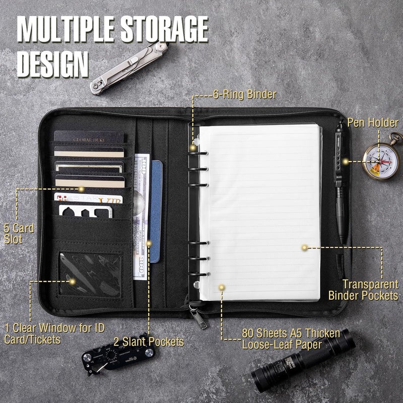 ‎KOSIBATE Tactical Notebook Padfolio Ring Binder with 80 Sheets, Tactical Binder Zippered for Folders, Cards Refillable 6-Ring Notepad,Army Military Waterproof Notebook Cover(Black,7.3"x10.1") - Image 2